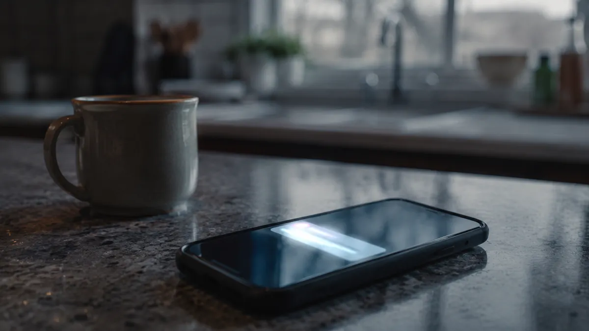 Phone notification revealing emotional betrayal in a quiet kitchen morning scene